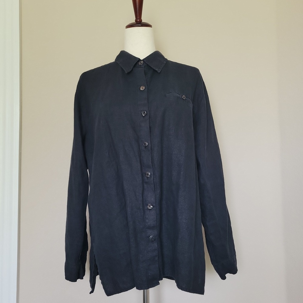 Vtg Chicos Design Womens Linen Tunic Top Sz 2 Black Button Up 90s Minimalist